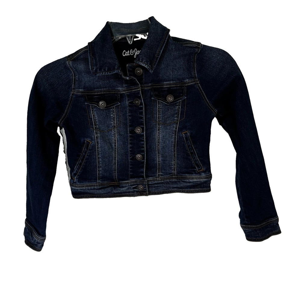 Cat And Jack Girls M (7/8) Denim Blue Crop Jacket Stretchy Chest Pockets